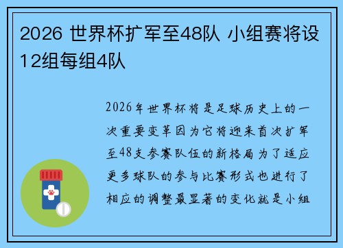 2026 世界杯扩军至48队 小组赛将设12组每组4队