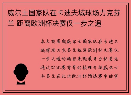 威尔士国家队在卡迪夫城球场力克芬兰 距离欧洲杯决赛仅一步之遥