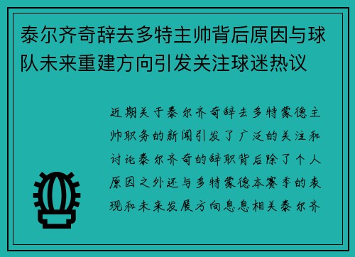 泰尔齐奇辞去多特主帅背后原因与球队未来重建方向引发关注球迷热议