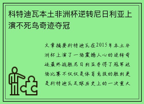 科特迪瓦本土非洲杯逆转尼日利亚上演不死鸟奇迹夺冠 科特迪瓦本土非洲杯逆转尼日利亚上演不死鸟奇迹夺冠