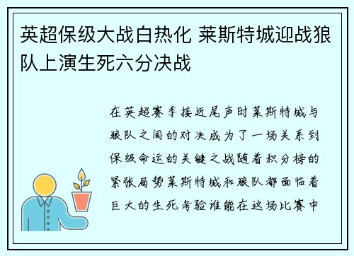 英超保级大战白热化 莱斯特城迎战狼队上演生死六分决战